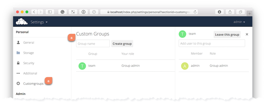 The Custom Groups administration panel